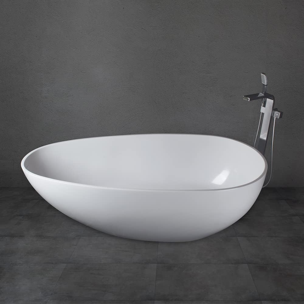 Vanity Art 59' x 31' Flatbottom Freestanding Solid Surface Resin Stone Bathtub | Contemporary Design Soaking Tub with Overflow and Pop-up Drain, UPC Certified, VA6913-GS