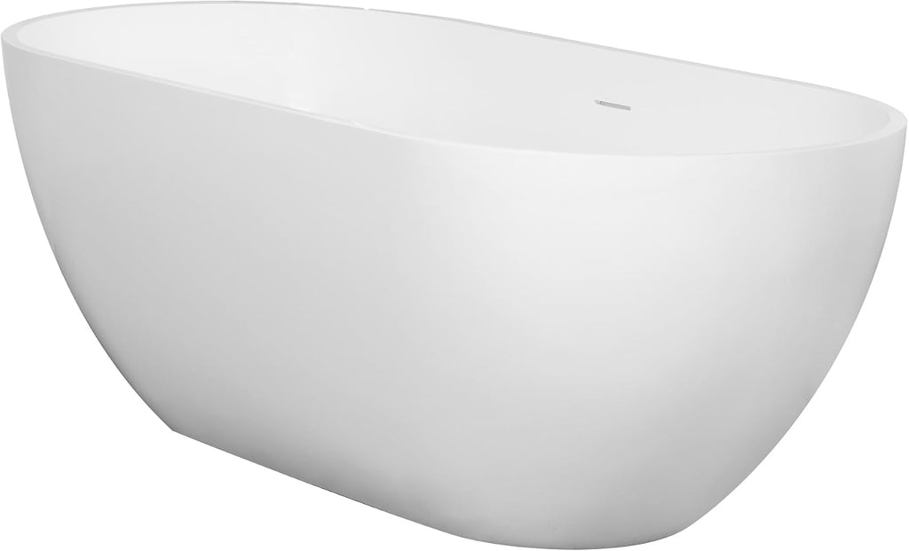 59-Inch Small Freestanding Bathtub – Solid Surface Stone Resin Oval Soaking Tub for Modern Bathroom