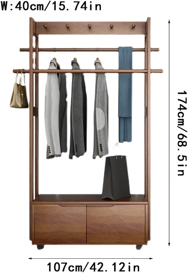 Stand Coat Rack Nordic Creative Clothes Hanger Floor Bedroom Nordic with Wheels Coat Rack Living Room Double Drawer Rack Coat Rack Clothes Rolling Rack (Size : 107 * 40 * 174cm)