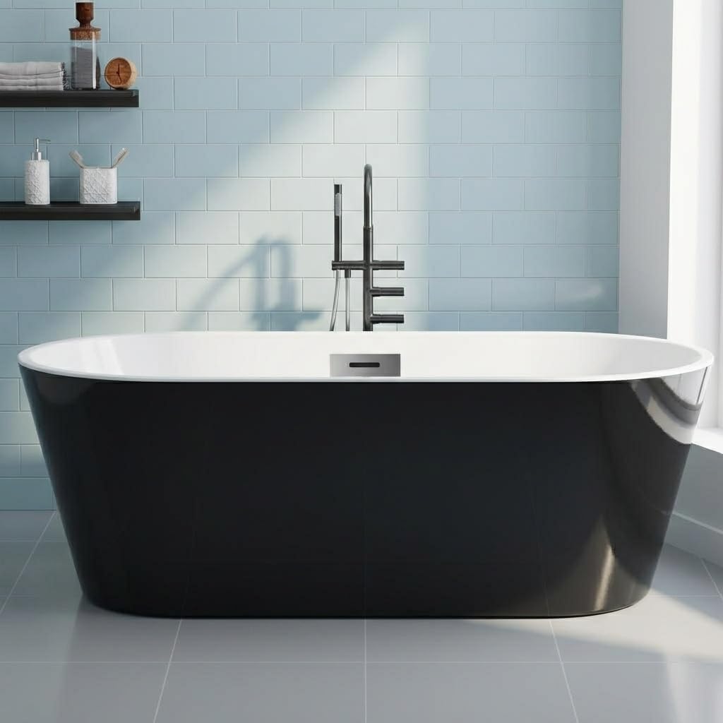 59 Inch Freestanding Acrylic Bathtub, Modern Soaking Tub with Chrome Overflow & Drain, CUPC Certified, Deep Soaking Design for Luxurious Spa Experience, Contemporary Bathroom Centerpiece