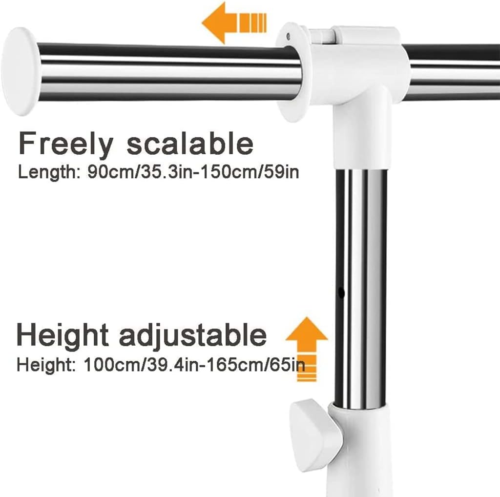 Simple Adjustable Standard Rod Clothing Garment Rack,90-150 * 44 * 100-165cm,Rolling Clothes Organizer on Wheels for Bathroom,Living Room,Bedroom(Color: White)