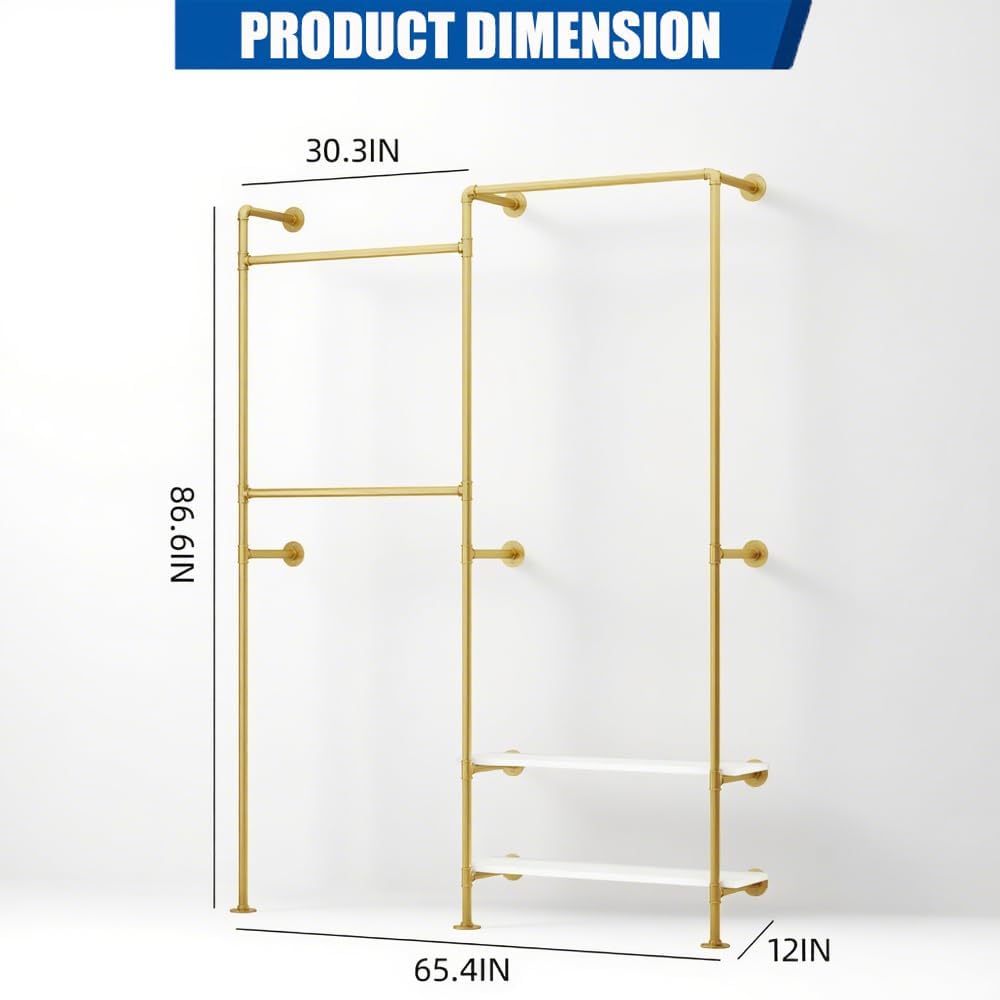 KaKaBB Gold Pipe Clothing Rack, Double Hanging Rods Clothes Rack with Shelves, Heavy Duty Wall Mounted Clothes Rack for Wardrobe, Bedroom, and Walk-in Closet System(Gold)