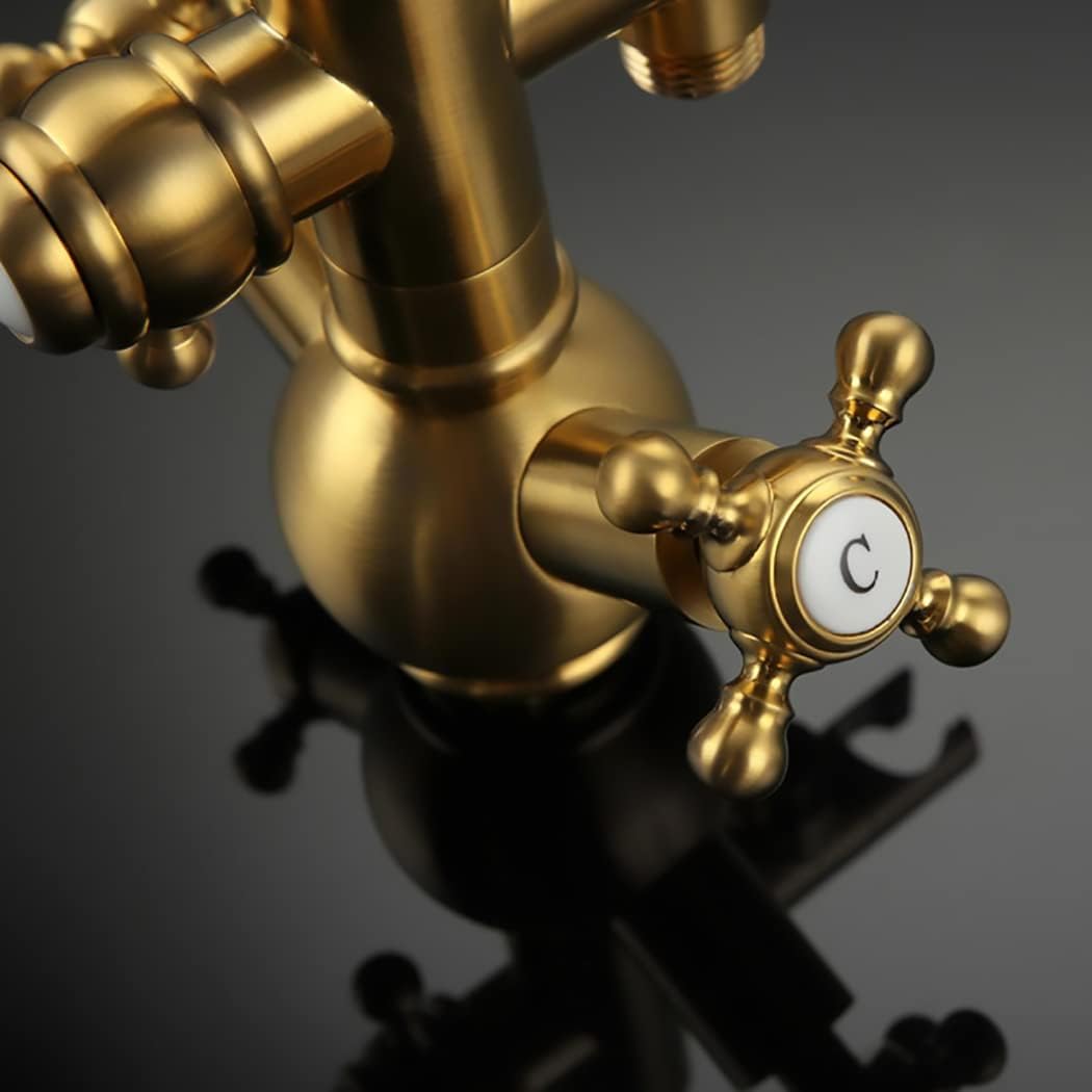 Industrial Freestanding Bathtub Faucet Swivel High Arc Floor Mount Tub Filler Faucet 2 Handles Floor Mounted Tub Faucet Brass Tub Mixer Tap with Handheld Shower and 59' Shower Hose,Brushed Gold
