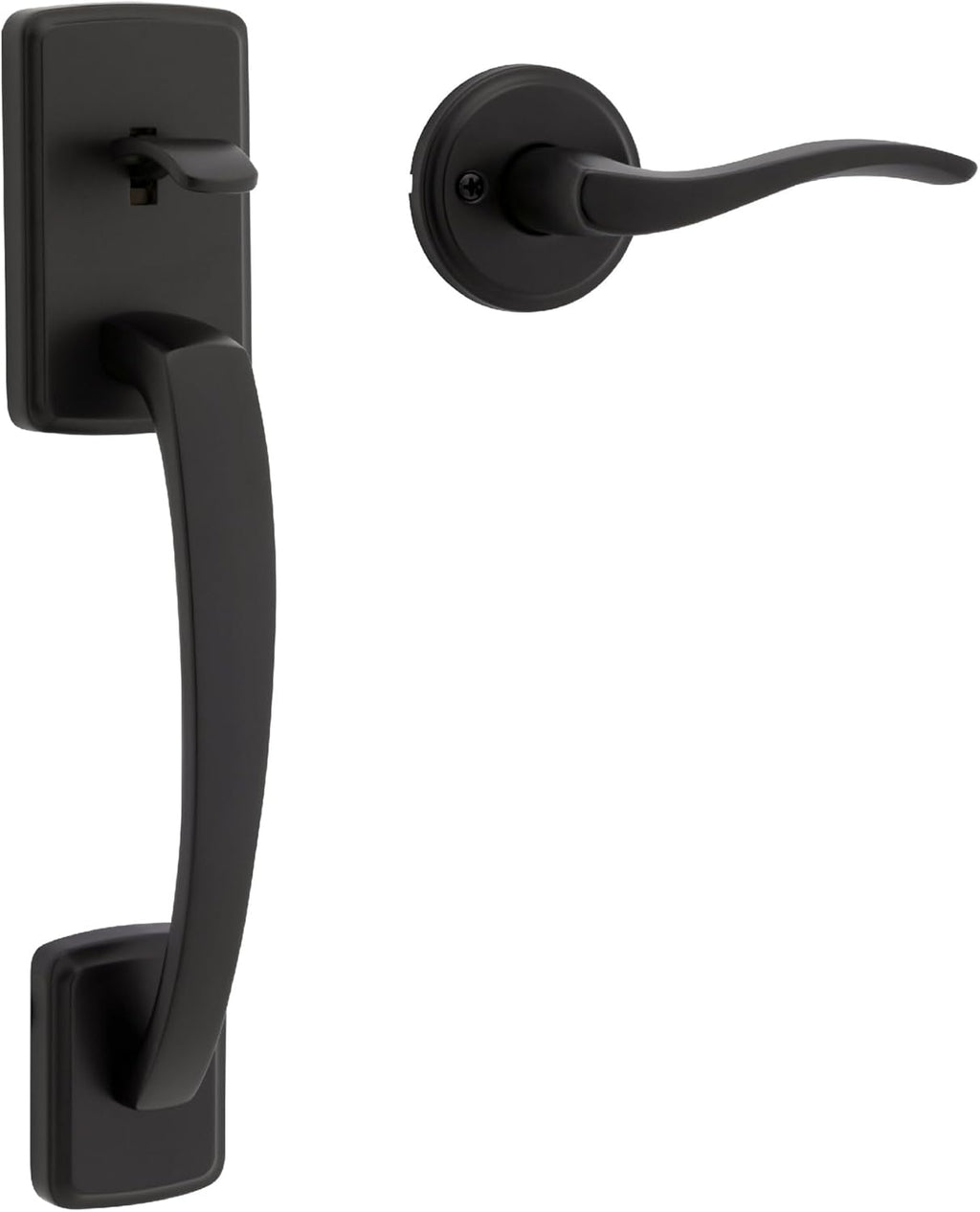 Kwikset Brentford Front Door Handle No Lock, Entry Handleset Exterior with Sedona Interior Reversible Lever, Non-Locking, Matte Black, Deadbolt Not Included