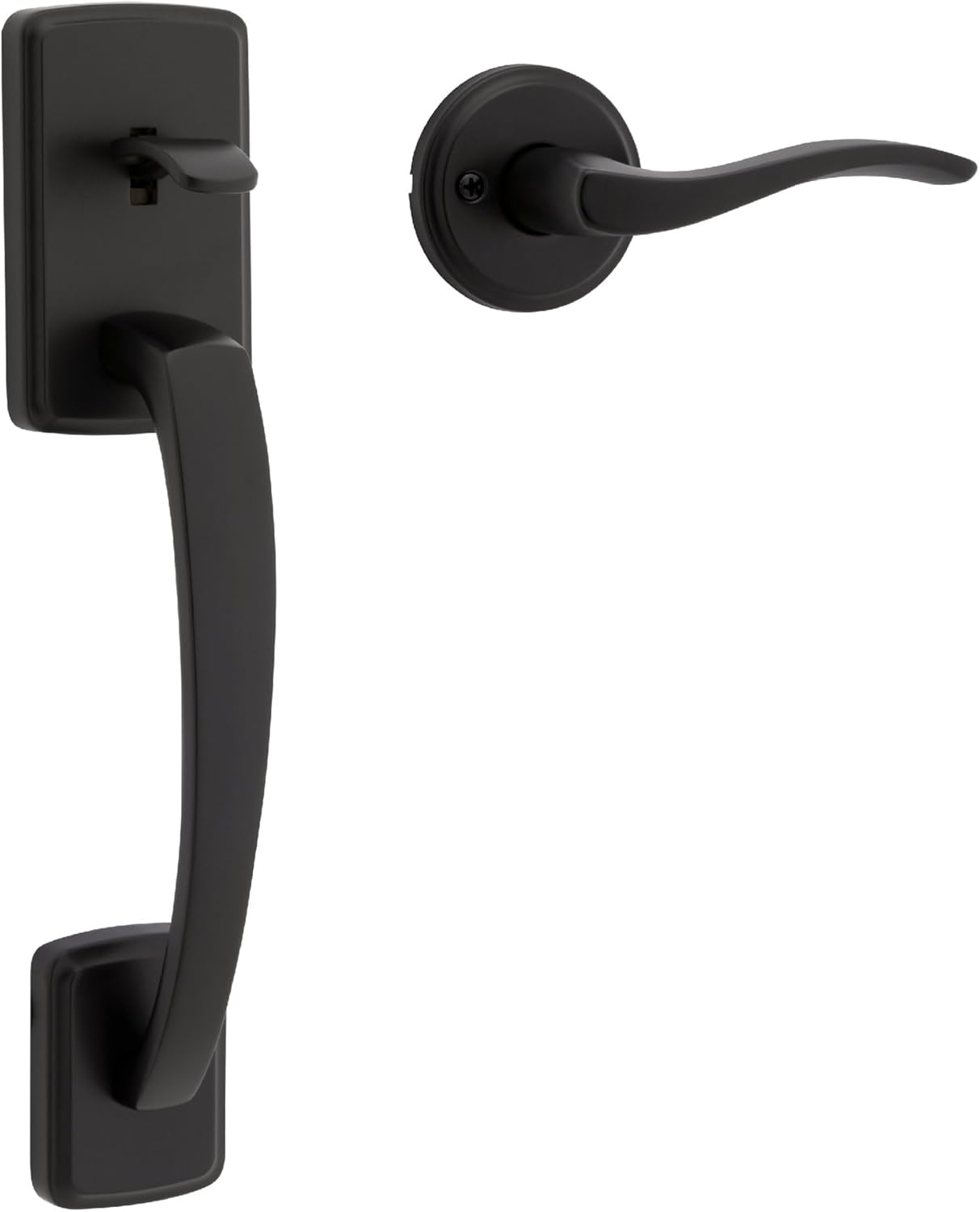 Kwikset Brentford Front Door Handle No Lock, Entry Handleset Exterior with Sedona Interior Reversible Lever, Non-Locking, Matte Black, Deadbolt Not Included