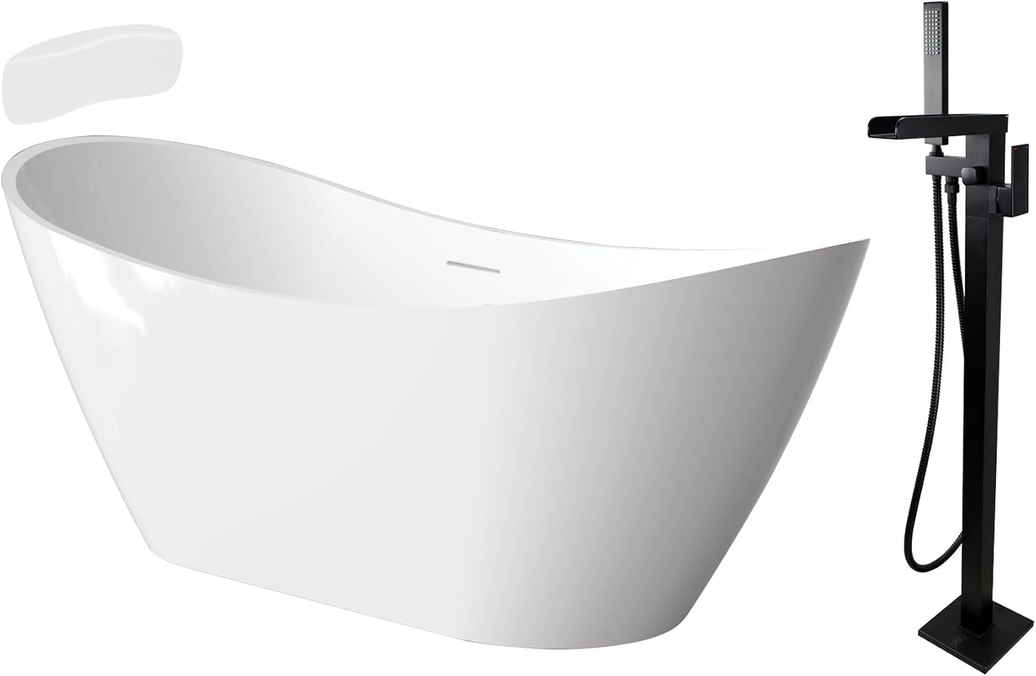 Transolid Skylar Freestanding Oval Soaking Bathtub Kit 59 in. x 31 in. Gloss White with Peyton T4240-MB Matte Black Floor-Mount Faucet, Color-Matched EZ-Click Center Drain and Bath Pillow