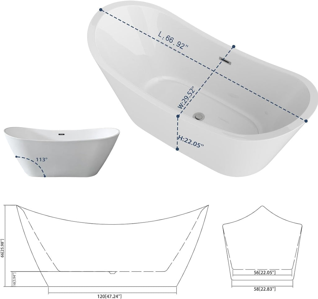 Sarlai 67 Inch Acrylic Freestanding Soaking Bathtub Contemporary Soaking White Tub Stand Alone Ergonomic Bathtub with Chrome Drain and Overflow