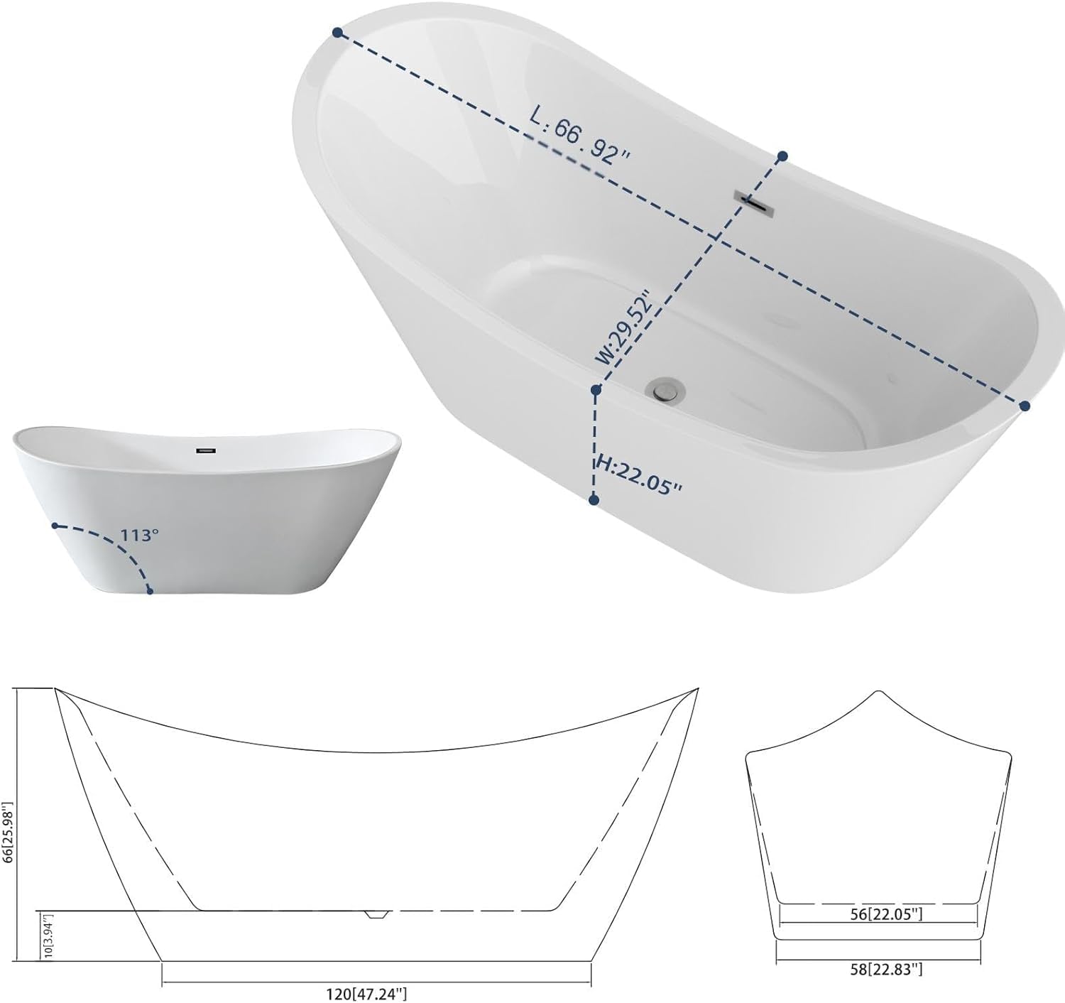Sarlai 67 Inch Acrylic Freestanding Soaking Bathtub Contemporary Soaking White Tub Stand Alone Ergonomic Bathtub with Chrome Drain and Overflow