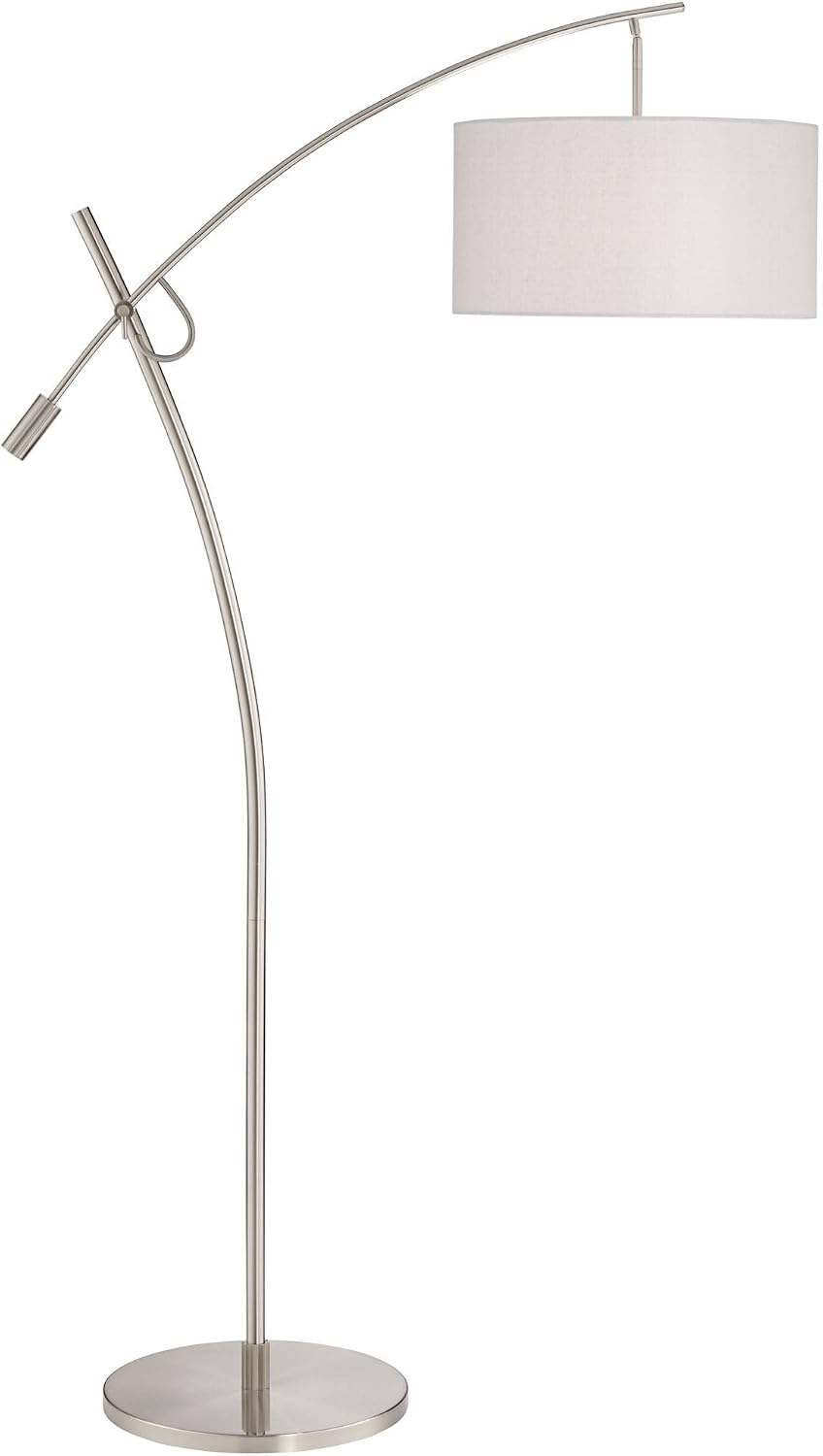 Possini Euro Design Raymond Modern Arc Floor Lamp with USB Charging Port 69' Tall Brushed Nickel Off-White Linen Drum Shade Adjustable Boom Arm for Living Room Reading House Bedroom Home Office