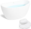 FerdY Naha 59' Acrylic Freestanding Bathtub, Curve Edge Freestanding Soaking Bathtub, Glossy White, cUPC Certified, Brushed Nickel Drain& Bath Pillow for Bathtub,Thick Tub Pillows, Ergonomic Support