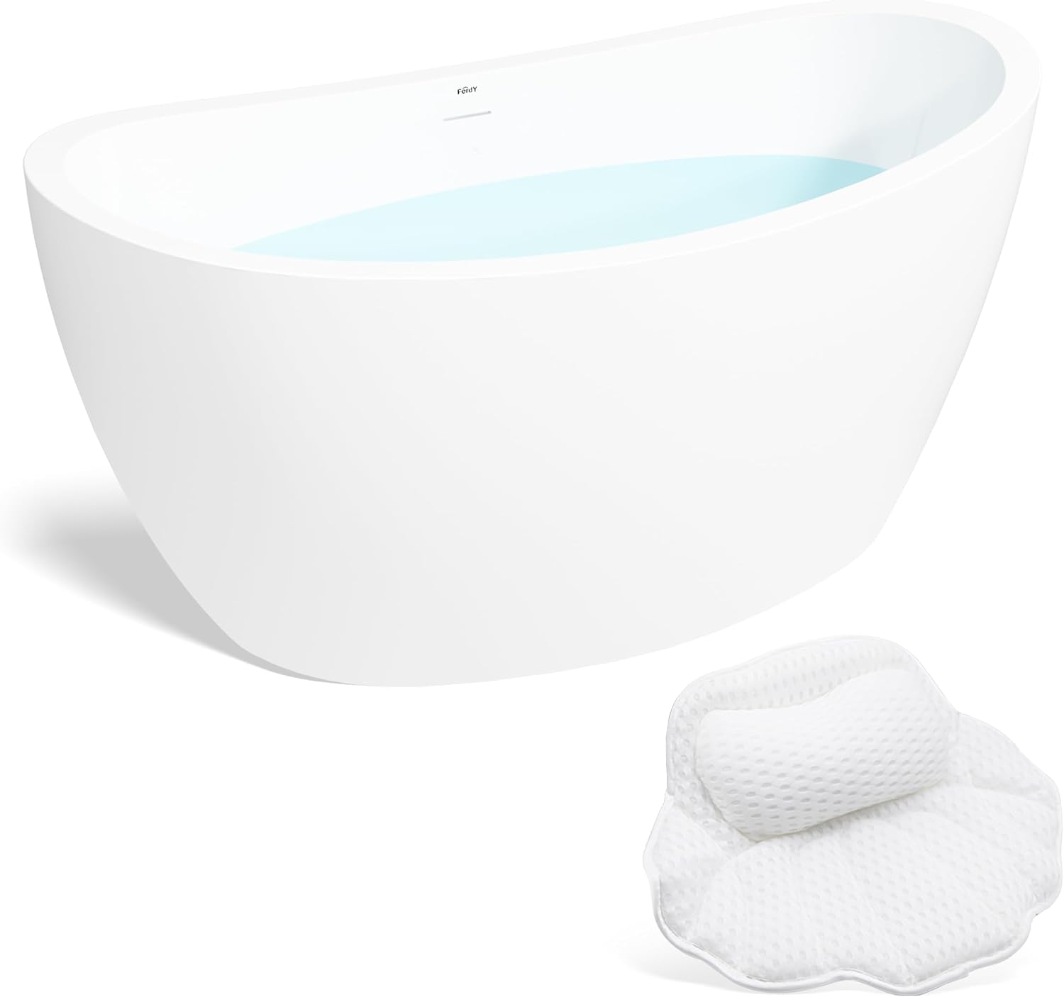 FerdY Naha 59' Acrylic Freestanding Bathtub, Curve Edge Freestanding Soaking Bathtub, Glossy White, cUPC Certified, Brushed Nickel Drain& Bath Pillow for Bathtub,Thick Tub Pillows, Ergonomic Support