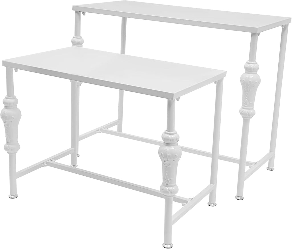 Industrial Retail Display Tables, Set of 2 Standing Clothing Shoes Display Rack, Heavy Duty Boutique Display Riser Storage Shelves, Garment Handbag Display Stand for Retail Clothing Store (White)