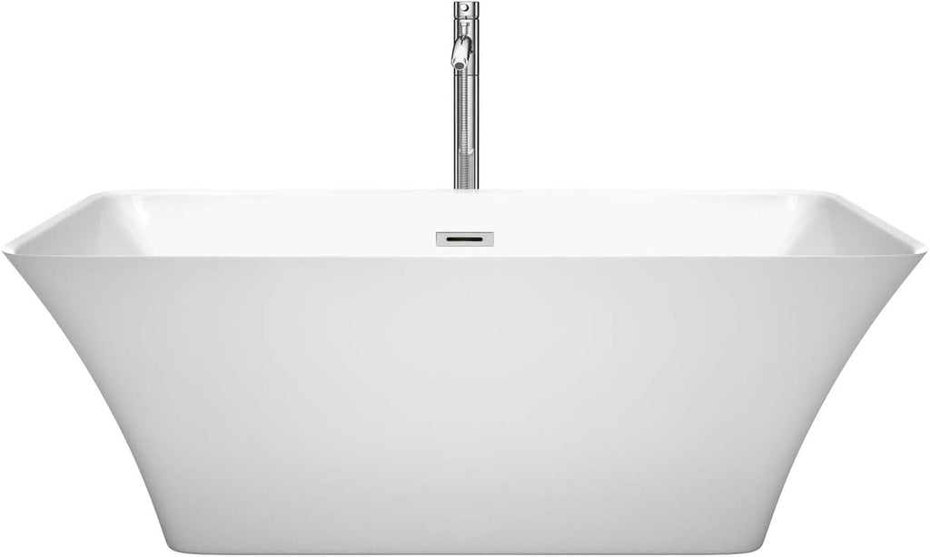 Wyndham Collection Tiffany 59 inch Freestanding Bathtub for Bathroom in White with Floor Mounted Faucet, Drain and Overflow Trim in Polished Chrome