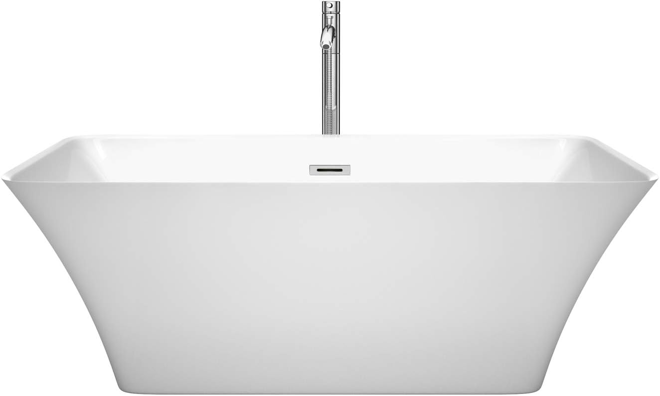 Wyndham Collection Tiffany 59 inch Freestanding Bathtub for Bathroom in White with Floor Mounted Faucet, Drain and Overflow Trim in Polished Chrome
