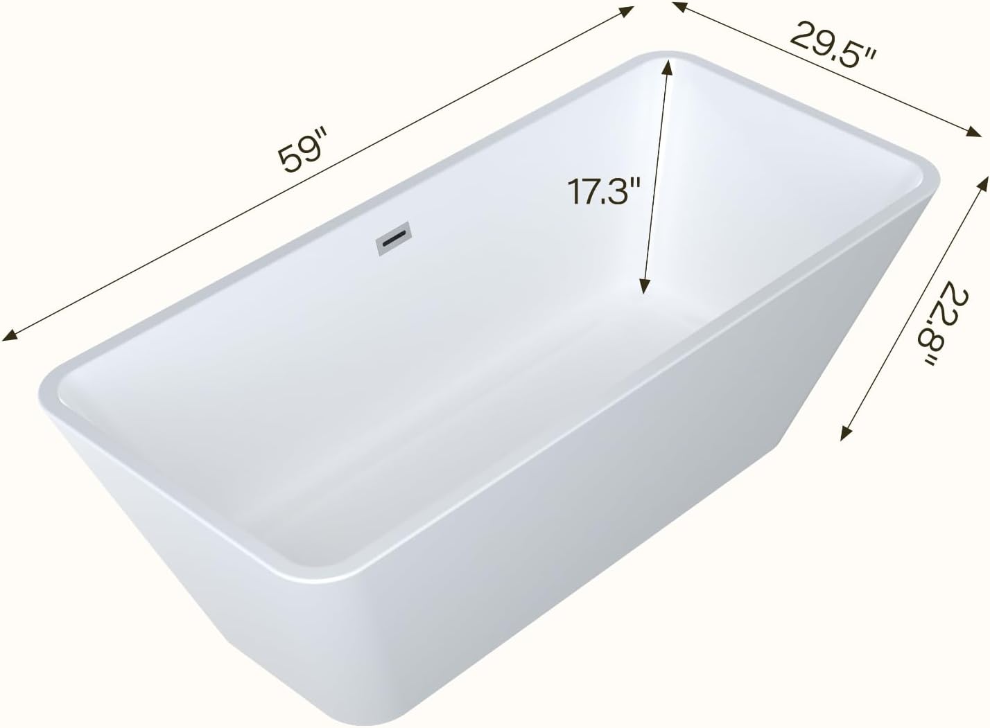 59' Modern Acrylic Freestanding Bathtub – Rectangular Soaking Tub with Chrome Drain & Streamlined Linear Overflow, Easy Installation, CUPC Certified, Glossy White
