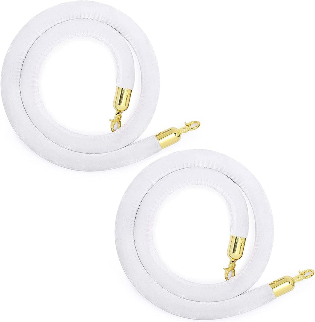 Premium Velvet Queue Barrier with Polished Hooks - 2 PCS, 5ft Gold & White Stanchion Rope for Weddings, Hotels, Event Planning, Party Decoration