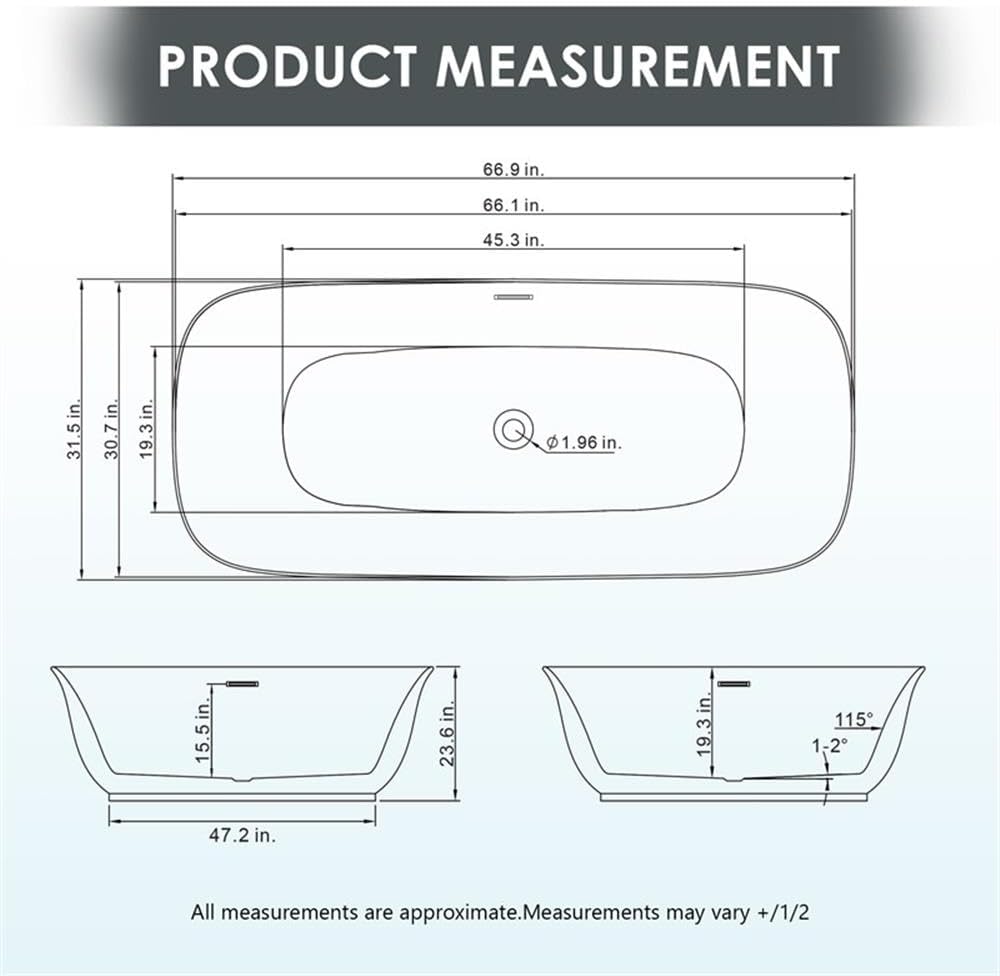 Pemberly Row 67' x 32' Flatbottom Freestanding Acrylic Soaking Bathtub, Glossy White Finish, Thin Edge Design, 66-Gallon Capacity, Scratch-Resistant, Contemporary Bathroom Tub for Immersive Bathing