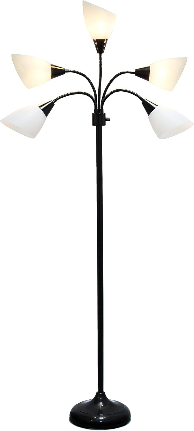 Simple Designs LF2006-BAW 67' Contemporary Multi Head Medusa 5 Light Adjustable Gooseneck Black Floor Lamp with White Shades for Kids Bedroom Playroom Living Room Office (Pack of 2)