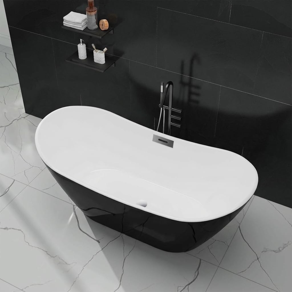Acrylic Freestanding Bathtub, 67 Inch Modern Double End Shape Tub, White and Black, Deep Soaking Acrylic Bath Tub, Chrome Pop-Up Drain and Overflow, Contemporary Upright Stand Alone Tub