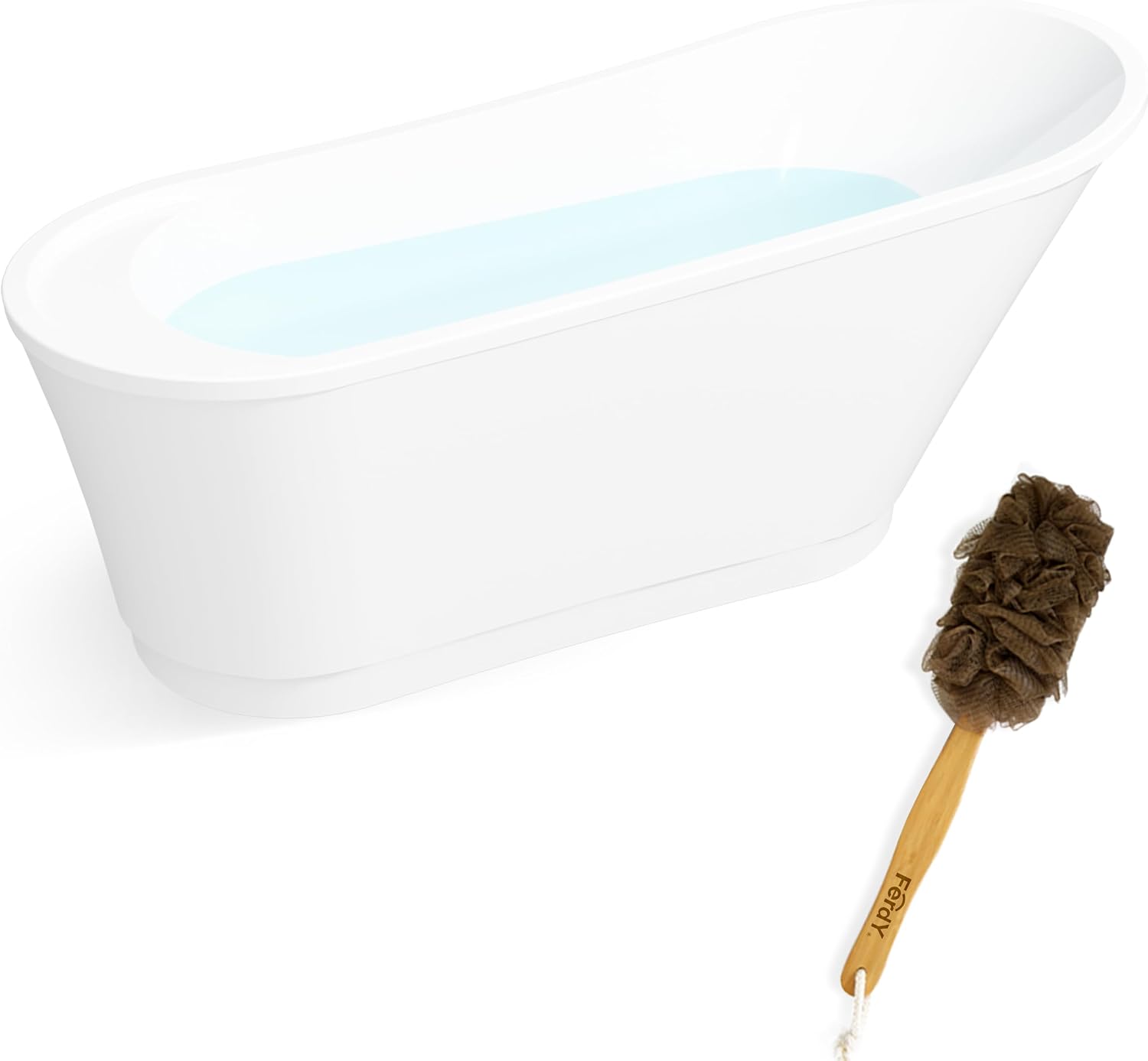 FerdY Langkawi 67' Acrylic Freestanding Bathtub, White Modern Stand Alone Soaking Bathtub, cUPC Certified, Brushed Nickel Drain & FerdY Back Scrubber for Shower,Long Handled Loofah on a Stick
