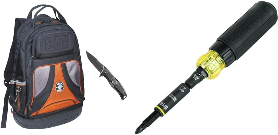 Klein Tools Backpack Kit with 39-Pocket Backpack and Electricians Pocket Knife, 2-Piece and 11-in-1 Ratcheting Screwdriver/Nut Driver Tool