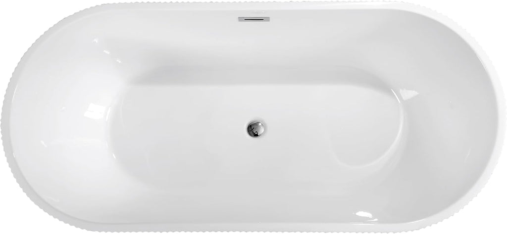 59' Acrylic Freestanding Bathtub-Acrylic Soaking Tubs, Fluted style-Gloss White Freestanding Bathtub With Chrome Overflow and Pop Up Drain