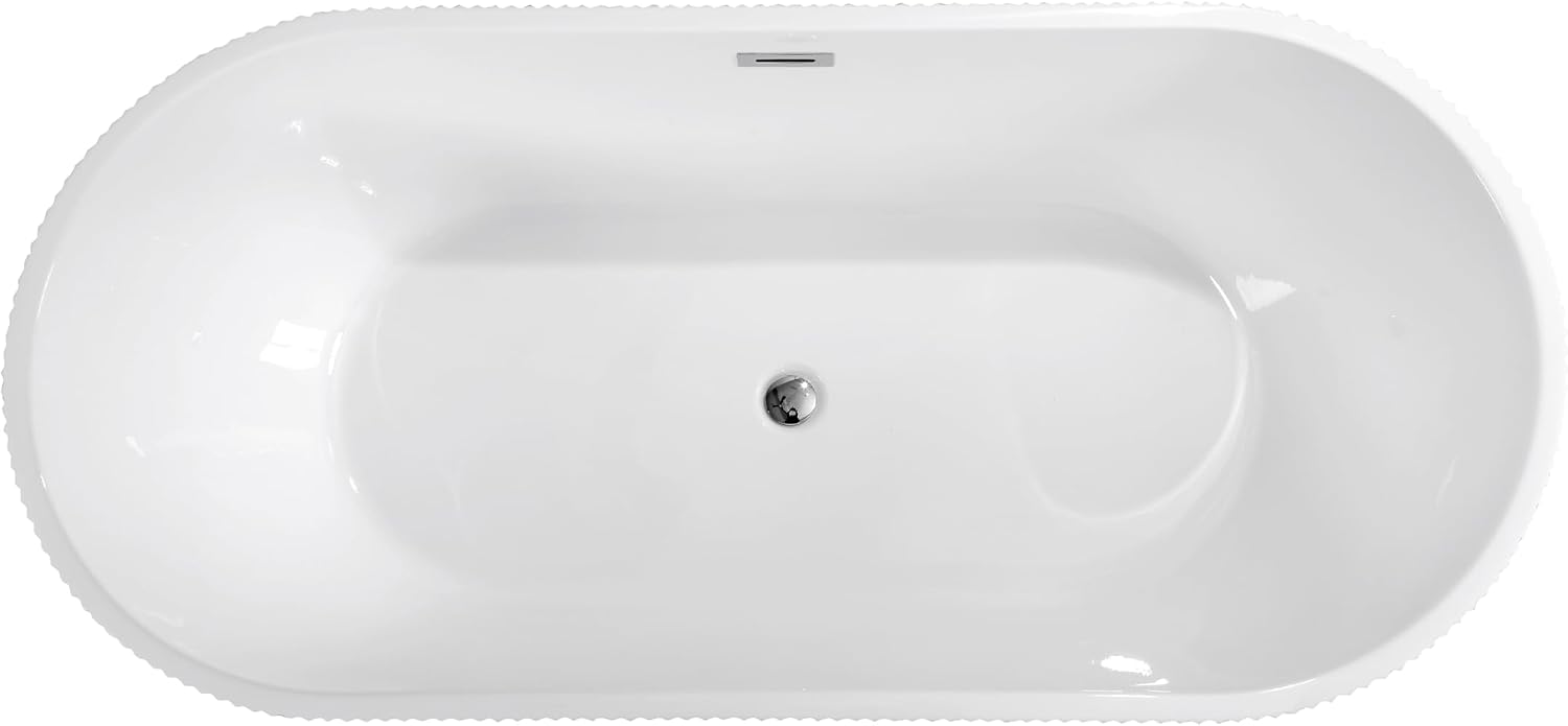 59' Acrylic Freestanding Bathtub-Acrylic Soaking Tubs, Fluted style-Gloss White Freestanding Bathtub With Chrome Overflow and Pop Up Drain
