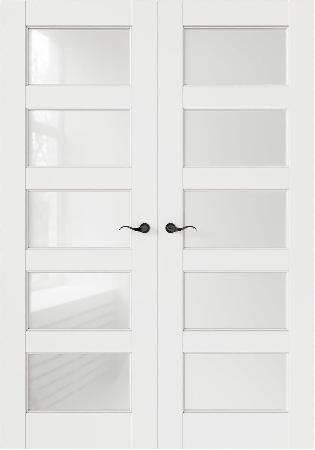 French Door 56' x 80' (Double 28' x 80') 5-Lite Frosted Glass Door Slabs with Pre-Hung Jamb, Black Hinges, Levers and Latch, White Primed, French Interior Doors with Frame, Swing Double Bedroom Doors