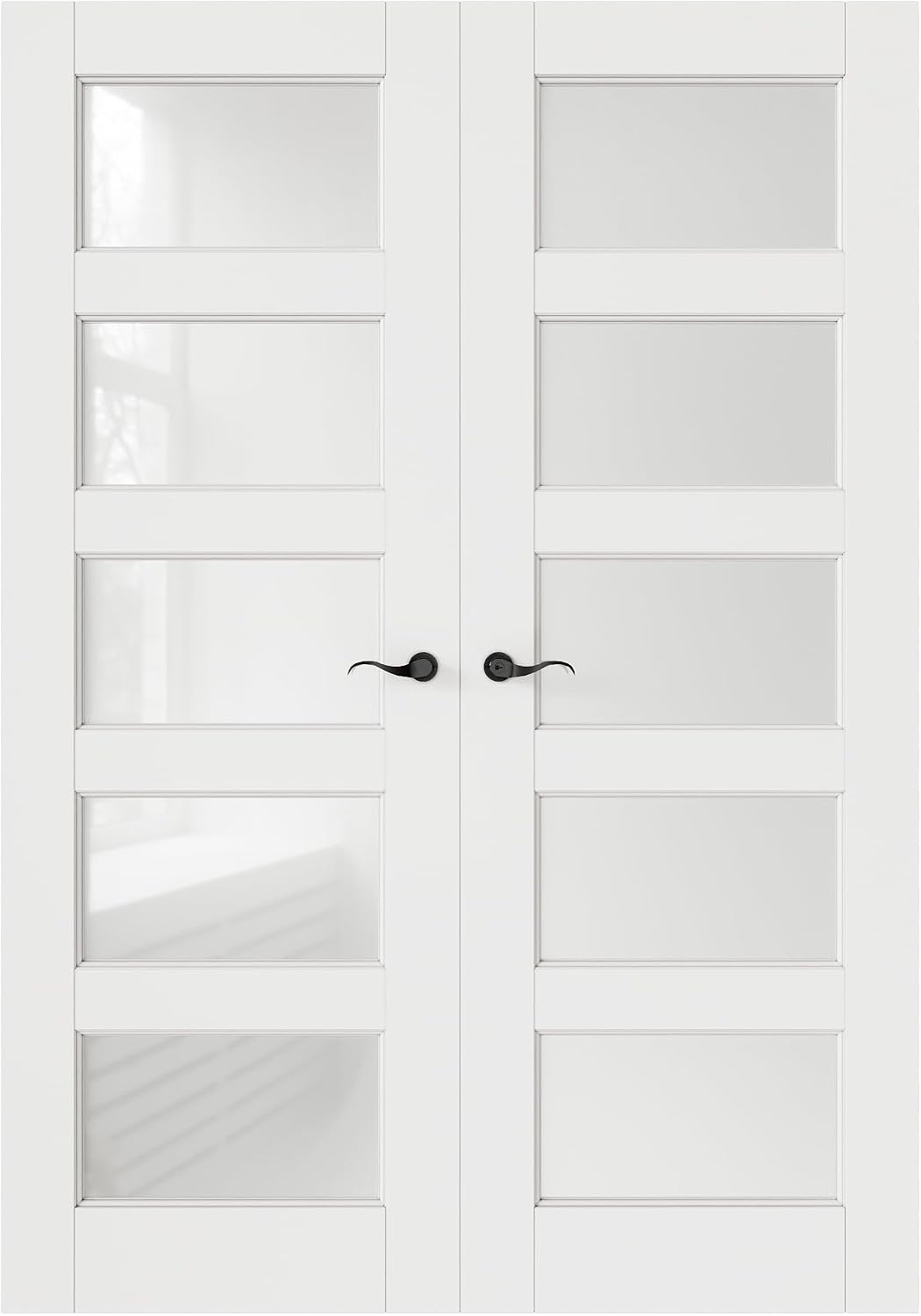 French Door 56' x 80' (Double 28' x 80') 5-Lite Frosted Glass Door Slabs with Pre-Hung Jamb, Black Hinges, Levers and Latch, White Primed, French Interior Doors with Frame, Swing Double Bedroom Doors