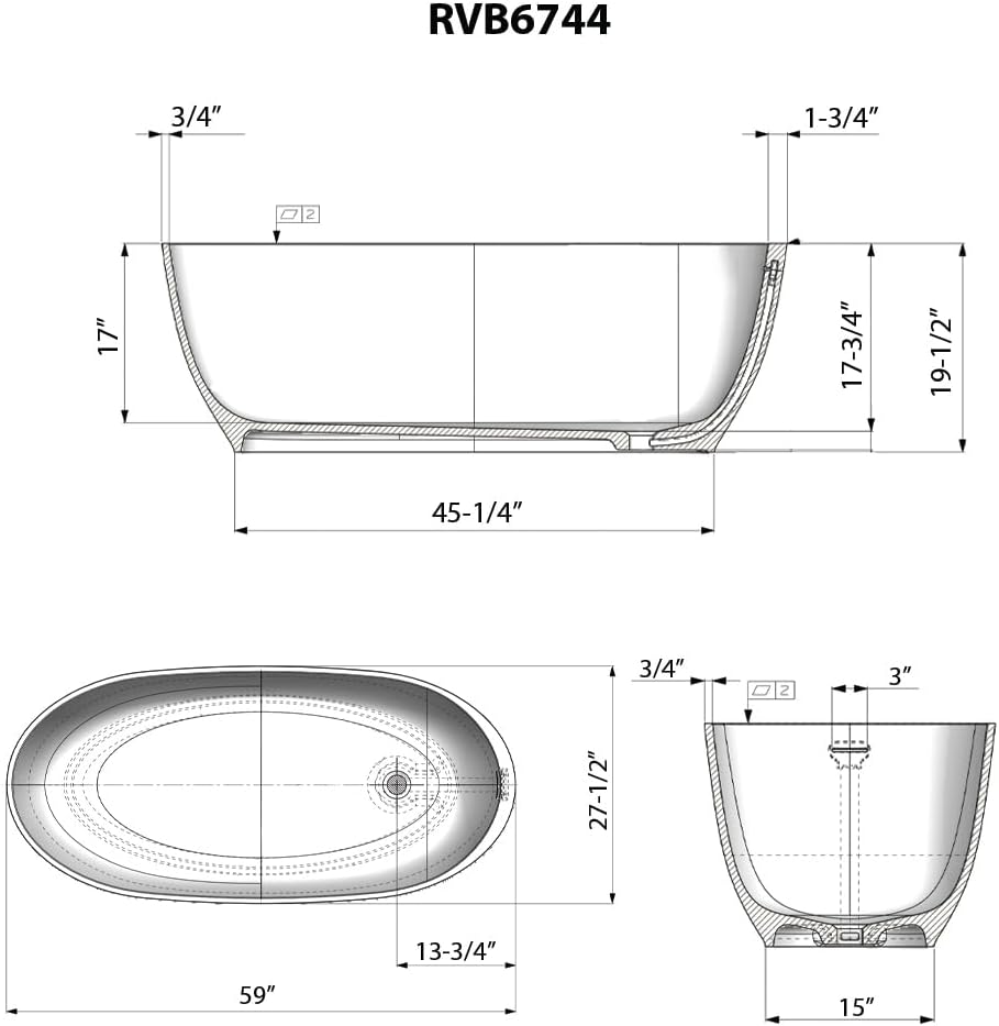 Ruvati 59-inch Matte Black epiStone Solid Surface Oval Freestanding Bath Tub Canali - RVB6744BK