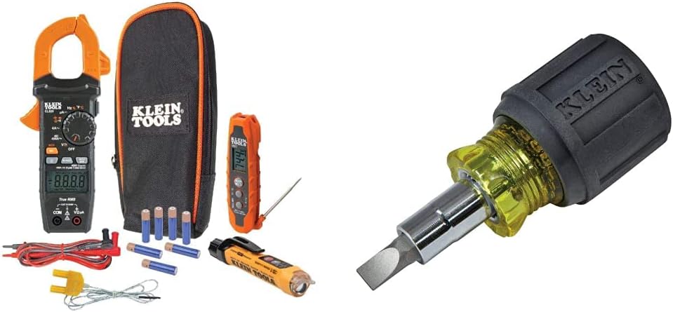 Klein Tools CL320KIT HVAC Kit for HVAC Testing; Digital Clamp Meter, Non-Contact Voltage Tester & 32561 Multi-Bit Screwdriver/Nut Driver, 6-in-1 Stubby Screwdriver with 2 Phillips, 2 Slotted Bits