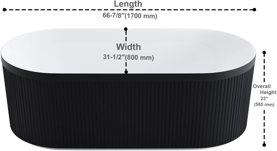 Dowell 67' x 31' Freestanding Bathtub, Acrylic Soaking Tubs, Fluted Design Oval Shape Bathtub W,Matte Black-081 6731 02