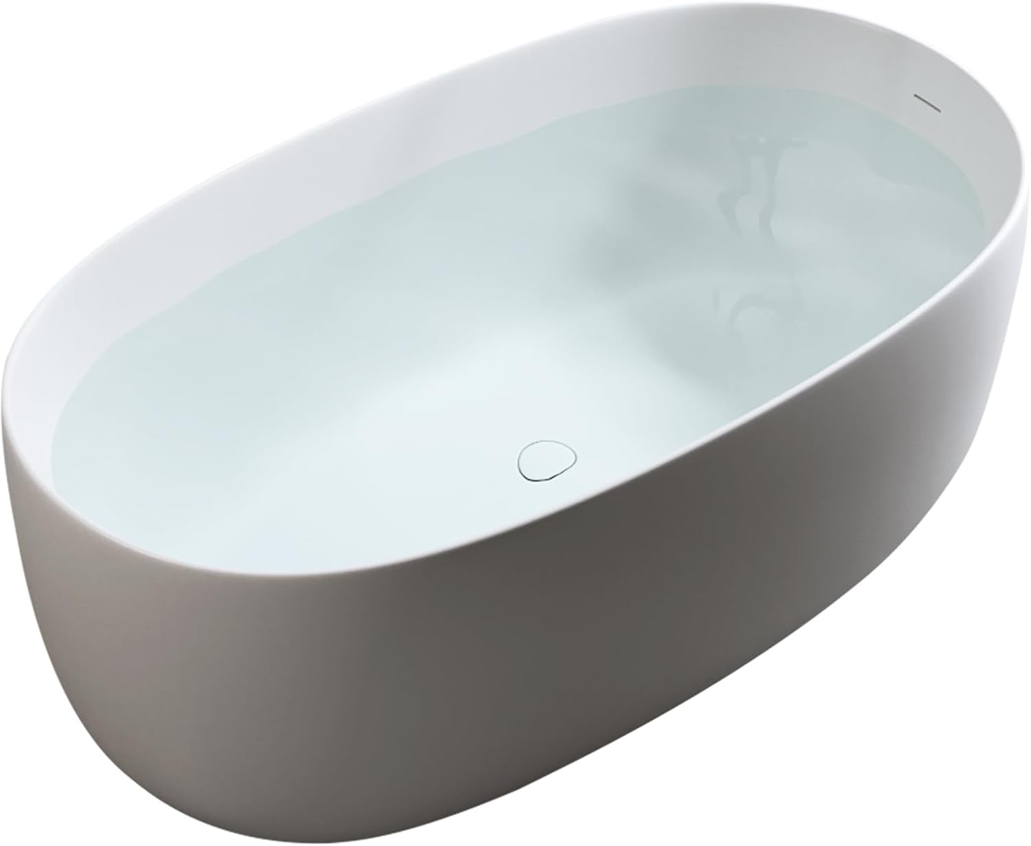 59' Solid Surface Freestanding Soaking Tub, Stone Resin Bathtub with Thick Edge & Overflow, Non-Slip Matte White Finish, Oval Standalone Bathtub with Pop-Up Drain, Easy to Clean & Install