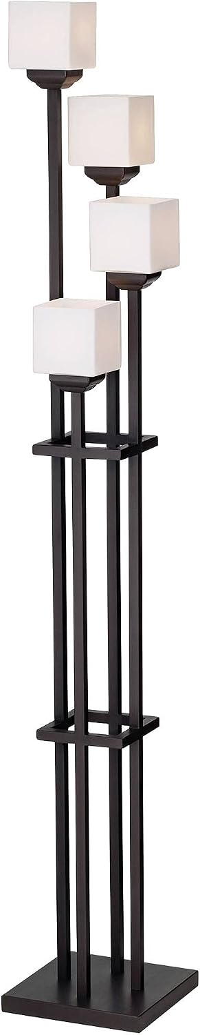Franklin Iron Works Rustic Farmhouse Torchiere Floor Lamp with USB Charging Port 4-Light 72 1/2' Tall Bronze Metal White Glass Shades for Living Room Reading House Bedroom Home Office