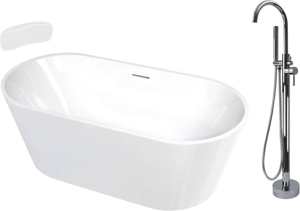 Transolid Maris 59 in. Freestanding Soaking Bathtub & Faucet Kit | 31 in. Wide Acrylic Tub + Polished Chrome Floor-Mount Tub Filler with Handshower | Center Drain | Gloss White | KF-AFTM5931-G31PC