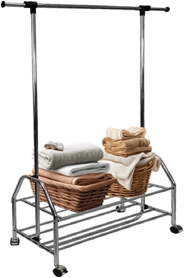 Chrome Metal Clothes Rack Extendable Bar Adjustable Garment Rail with Wheels Freestanding Wardrobe Storage Organizer for Bedroom Closet Silver