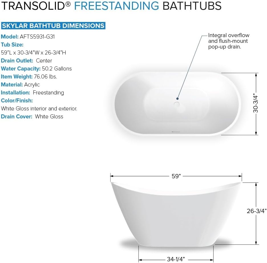 Transolid Skylar Freestanding Oval Soaking Bathtub Kit 59 in. x 31 in. Gloss White with Peyton T4240-MB Matte Black Floor-Mount Faucet, Color-Matched EZ-Click Center Drain and Bath Pillow