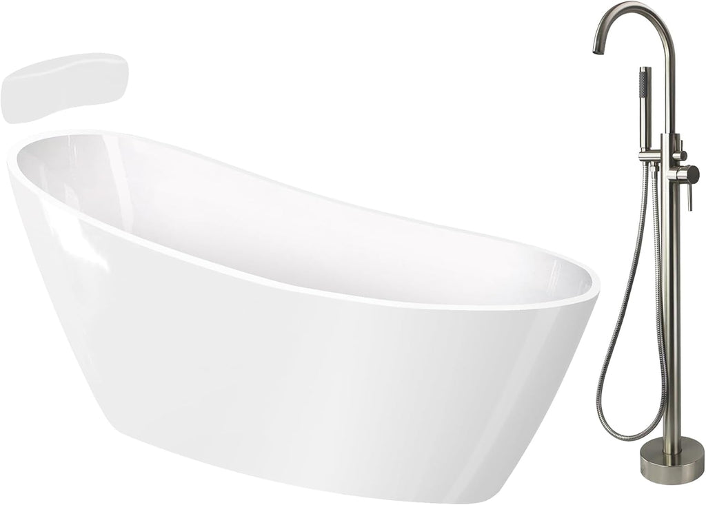 Transolid Aaliyah Freestanding Flatbottom Soaking Bathtub Kit 59 in. x 30-3/4 in. Gloss White with Peyton T4200-BN Brushed Nickel Floor-Mount Faucet and Reversible EZ-Click End Drain