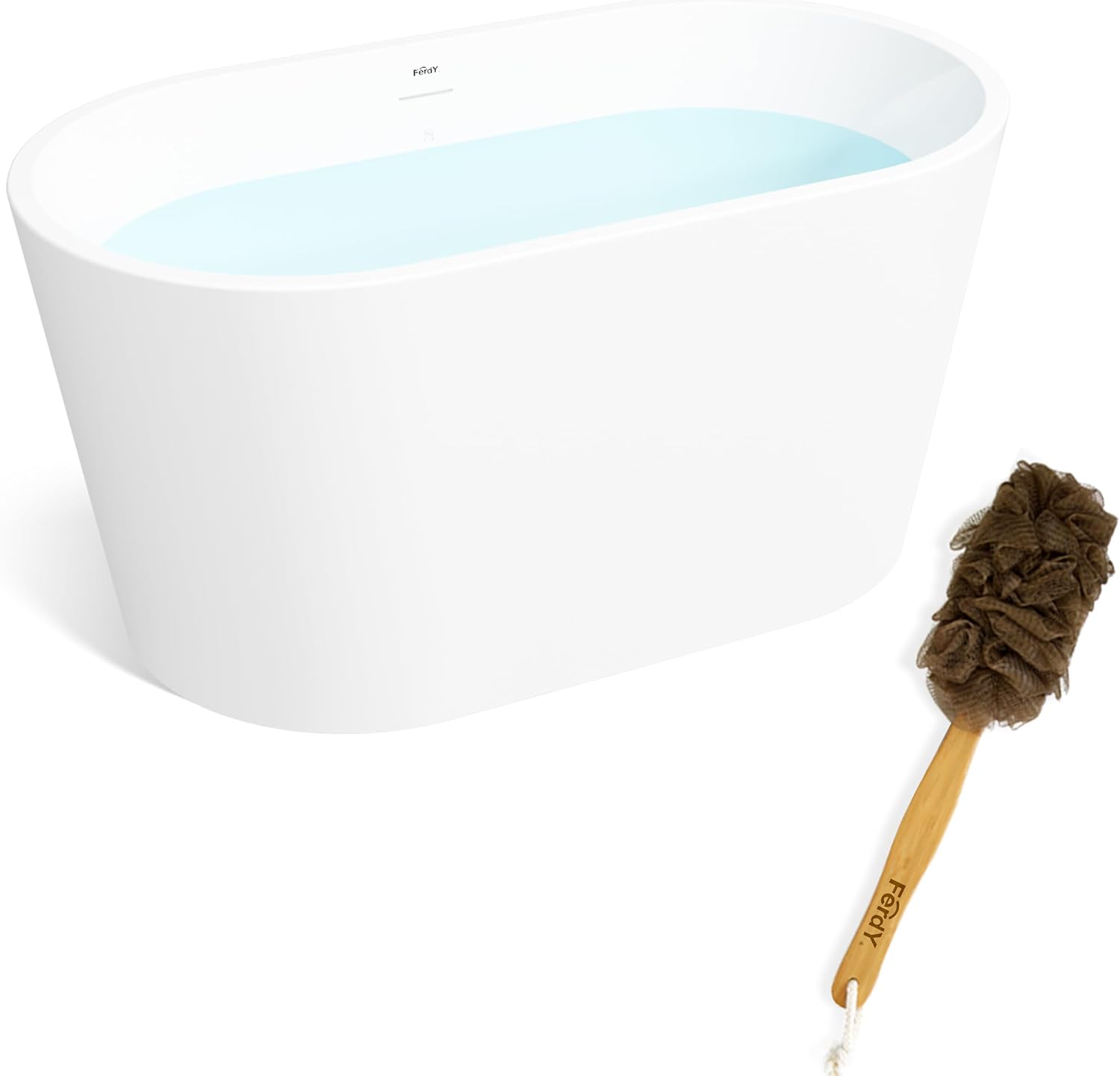 FerdY Shangri-La 47' Acrylic Freestanding Bathtub, Small Classic Oval Shape Acrylic Soaking Bathtub with Matte Black Drain & FerdY Back Scrubber for Shower,Long Handled Loofah on a Stick