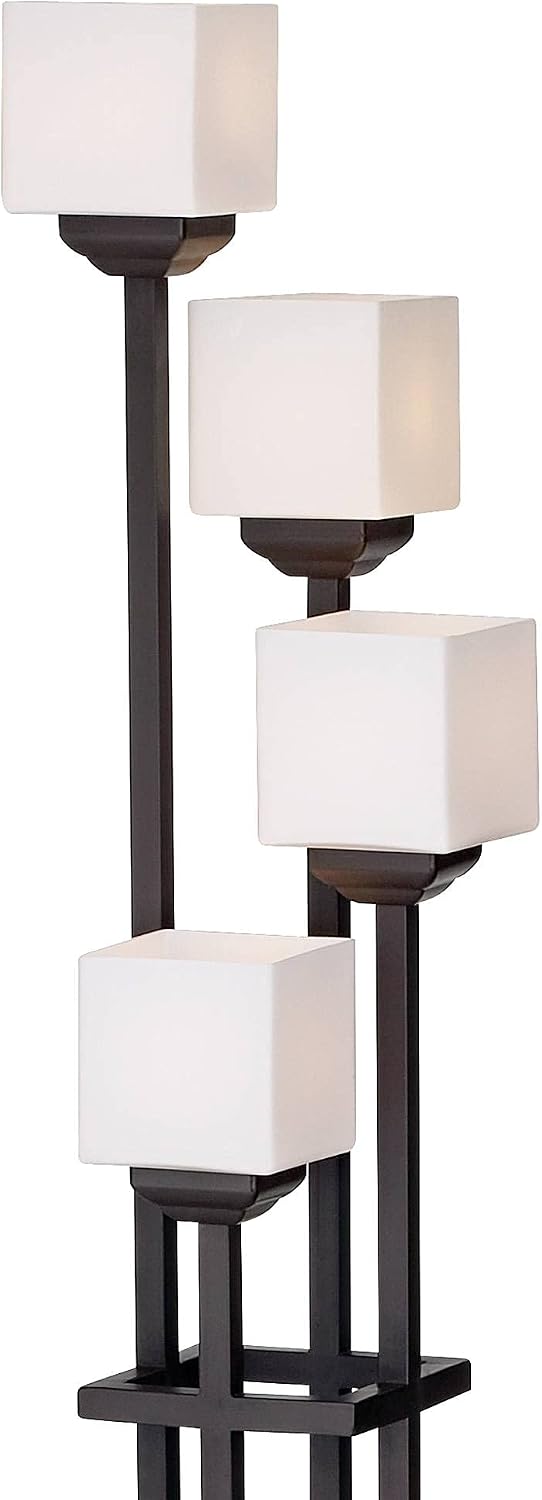 Franklin Iron Works Rustic Farmhouse Torchiere Floor Lamp with USB Charging Port 4-Light 72 1/2' Tall Bronze Metal White Glass Shades for Living Room Reading House Bedroom Home Office