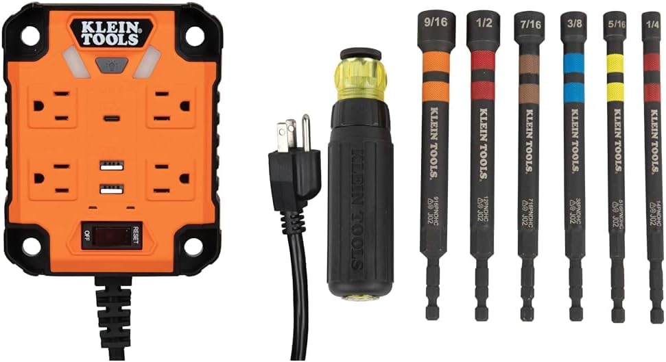 Klein Tools 29601 Magnetic Power Strip with Surge Protector, Extension Cord, 4 Outlets, 3 USB Ports & 32950 Ratcheting Impact Rated Hollow Power Nut Driver Set with Handle, Magnetic
