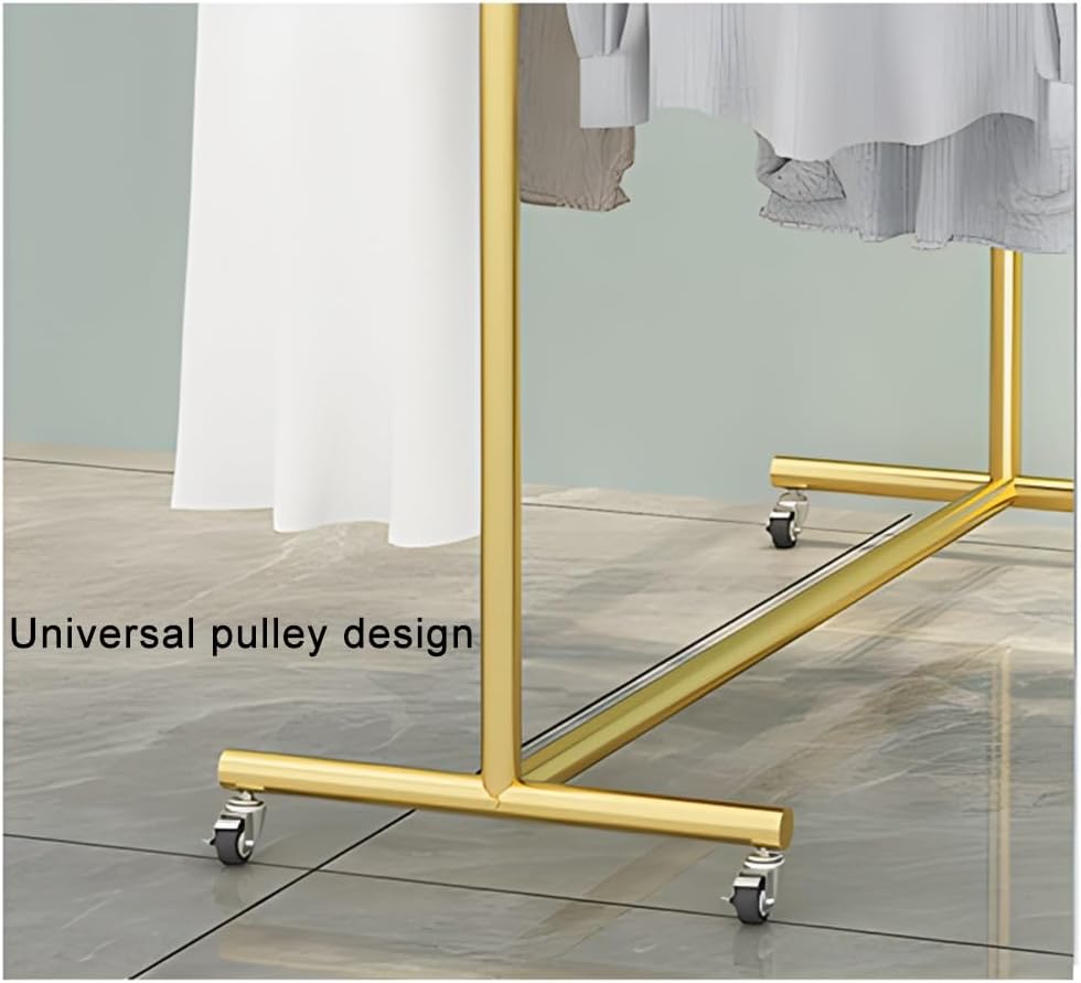 Floor Standing Retail Metal Clothing Rack, Heavy Duty Double-Rod Movable Clothing Shelf, Multifunctional Standing Rolling Garment Rack, for Shopping Mall Clothing Store (Gold b)