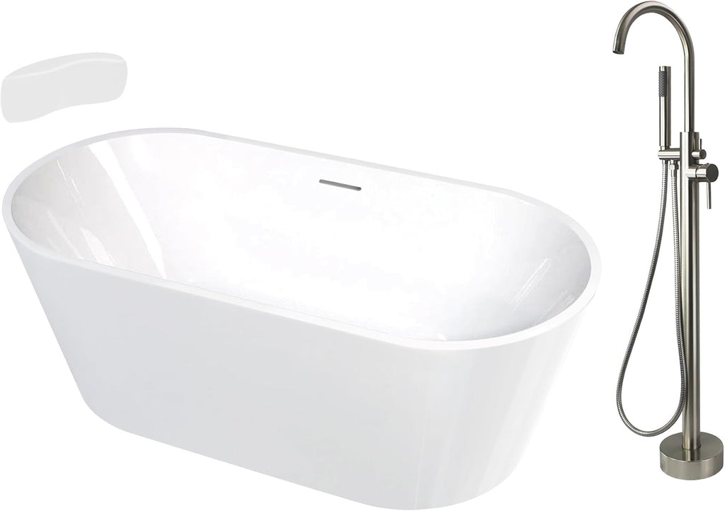 Transolid Maris 59 in. Freestanding Soaking Bathtub & Faucet Kit | 31 in. Wide Acrylic Tub + Brushed Nickel Floor-Mount Tub Filler with Handshower | Center Drain | Gloss White | KF-AFTM5931-G31BN