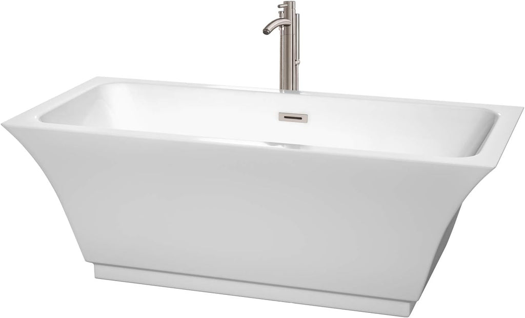 Wyndham Collection WCBTK151967ATP11BN Galina Freestanding Bathtub with Floor Mounted Faucet, 67', White with Brushed Nickel Trim