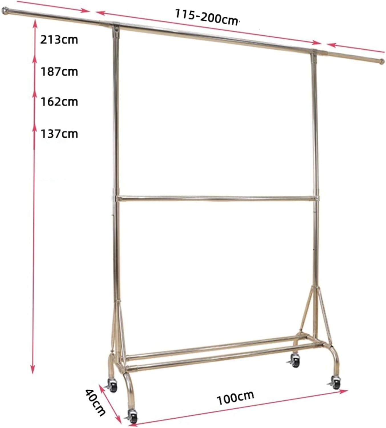 Heavy duty Garment rack Double Rod Clothing Racks On Wheels, Silver Stainless Steel Clothes Rail, Extendable Hanging Rail, Adjustable Height, Portable Clothes Organizer For Bedroom, Loads 280LBS