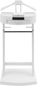 Suit Valet Stand White, Freestanding Clothes Rack with Velvet-Lined Drawer & Compartments, 66lbs Capacity, for Bedroom Hotel Entryway