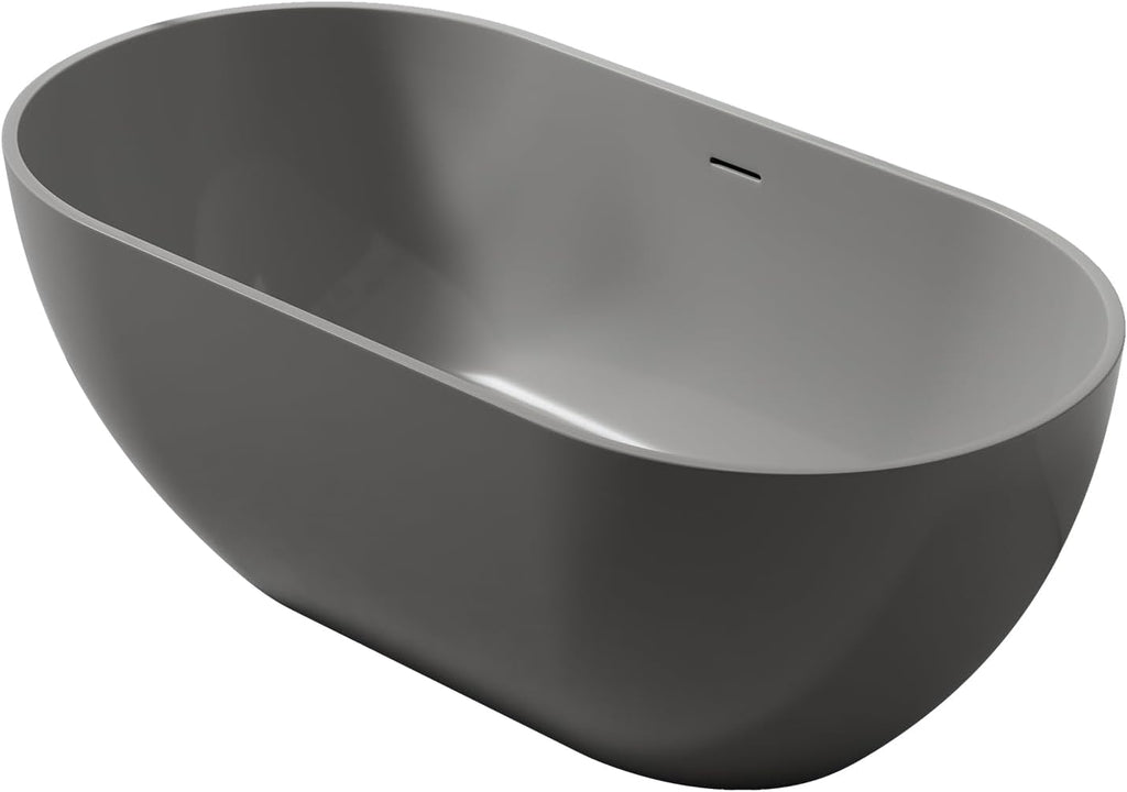 59' Premium Freestanding Stone Resin Bathtub, Oval Shape Solid Surface Dark Grey Soaking Tubs with Overflow and Pop-up Drain