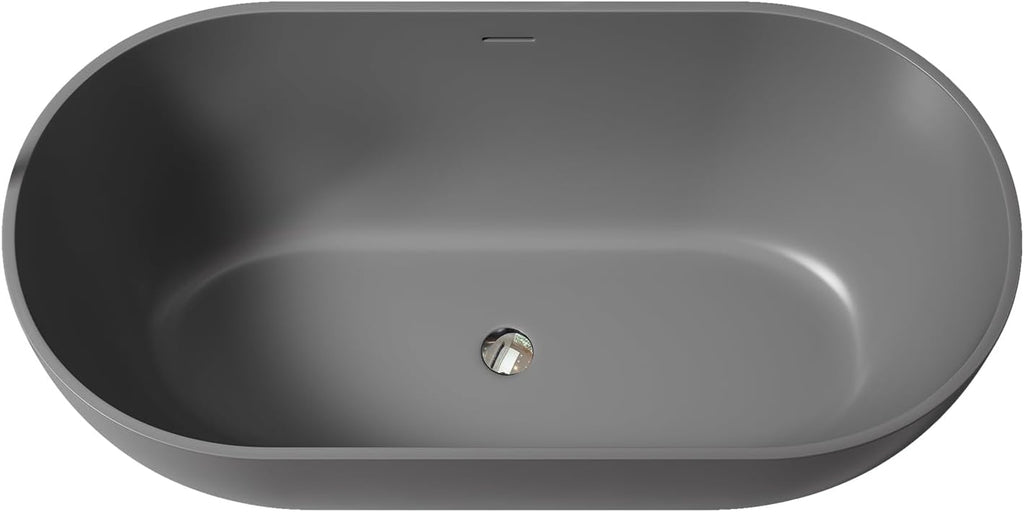 59' Premium Freestanding Stone Resin Bathtub, Oval Shape Solid Surface Dark Grey Soaking Tubs with Overflow and Pop-up Drain