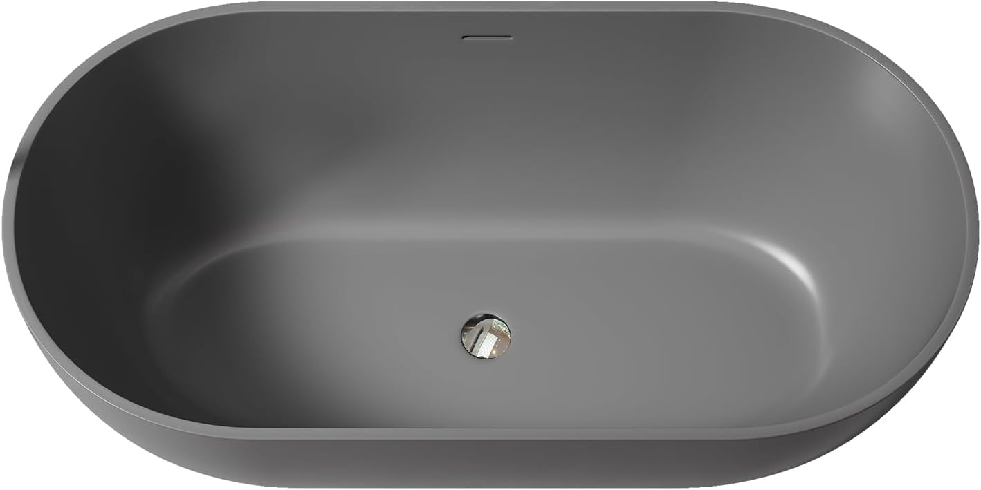 59' Premium Freestanding Stone Resin Bathtub, Oval Shape Solid Surface Dark Grey Soaking Tubs with Overflow and Pop-up Drain