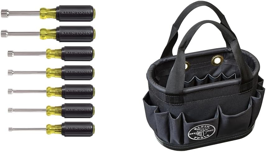 Klein Tools 631 Tool Set, Nut Driver Set w/Hex Nut Sizes 3/16, 1/4, 5/16, 11/32, 3/8, 7/16 & 5144BHB14OS Hard-Body Bucket, Aerial Oval Tool Bucket with Drain Holes, 29 Pockets
